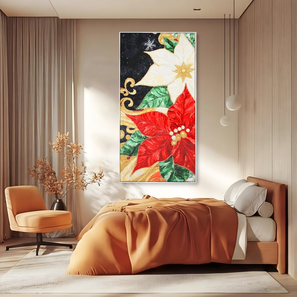Tablou canvas cu tablou canvas cu craciunite rosii si albe, in rama de aluminiu argintiu, pe perete intr-un dormitor
